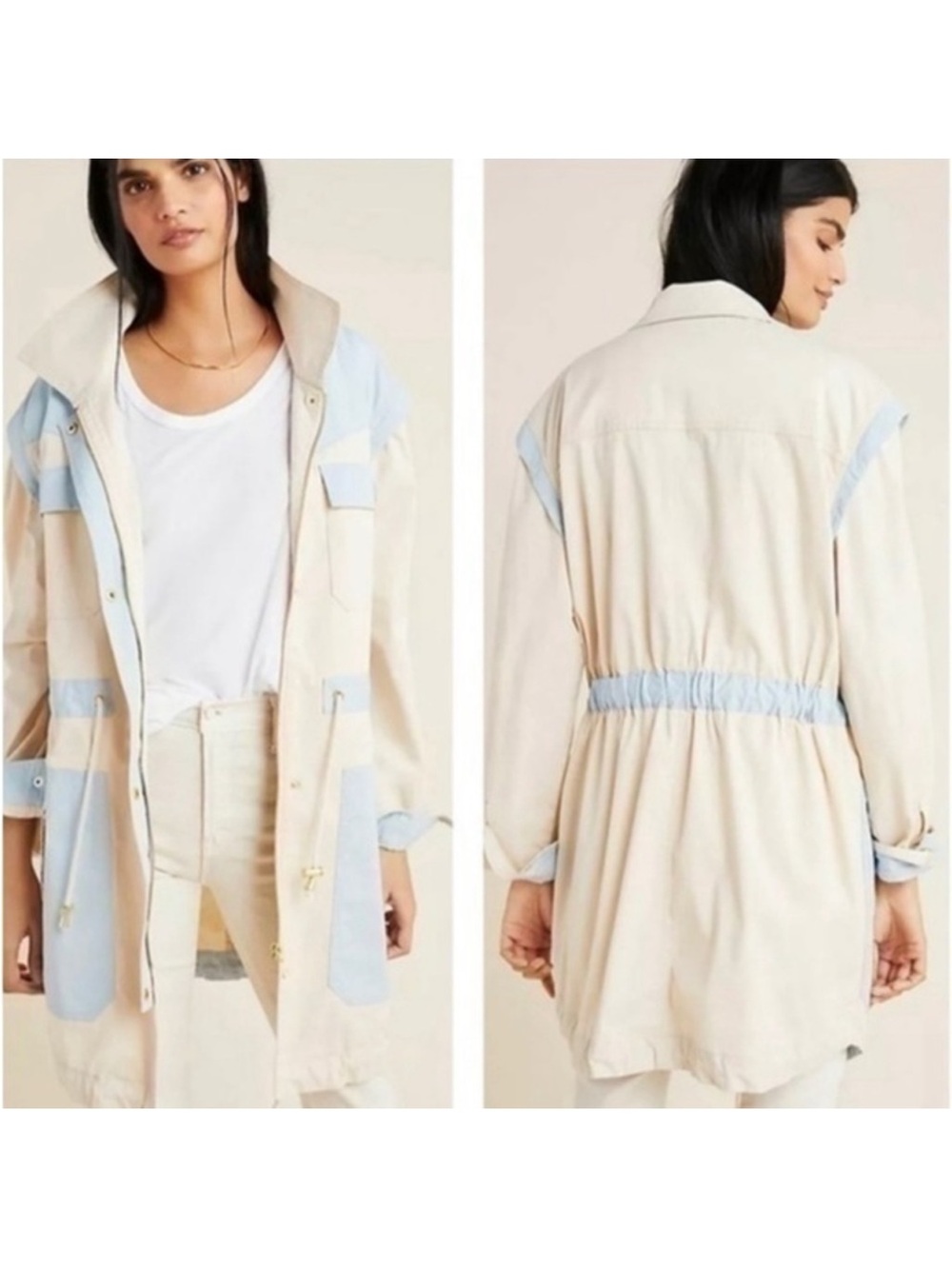 Anthropologie Cream & Pale Blue Drawstring Trench Coat